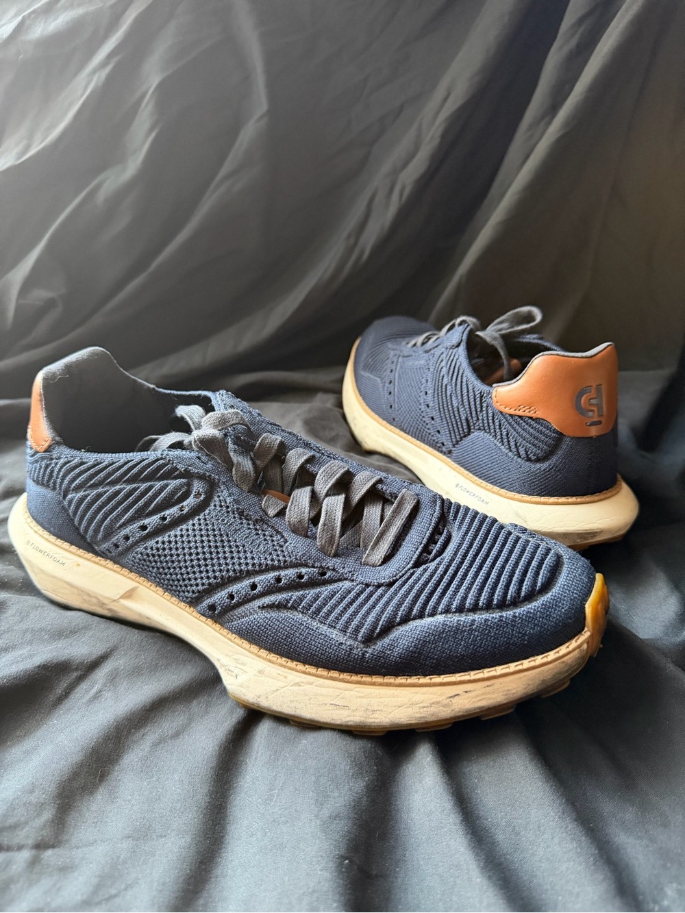 Cole Haan Men's Navy Knit Sneakers with Tan Heel Accent